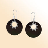 Sterling silver black shell round earrings with sunburst accent for women